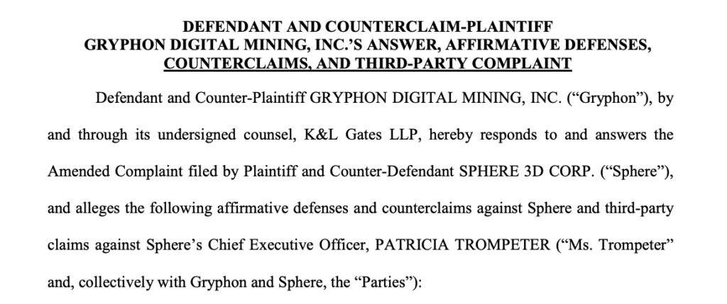 Gryphon Digital seeks court dismissal of Sphere 3D’s lawsuit