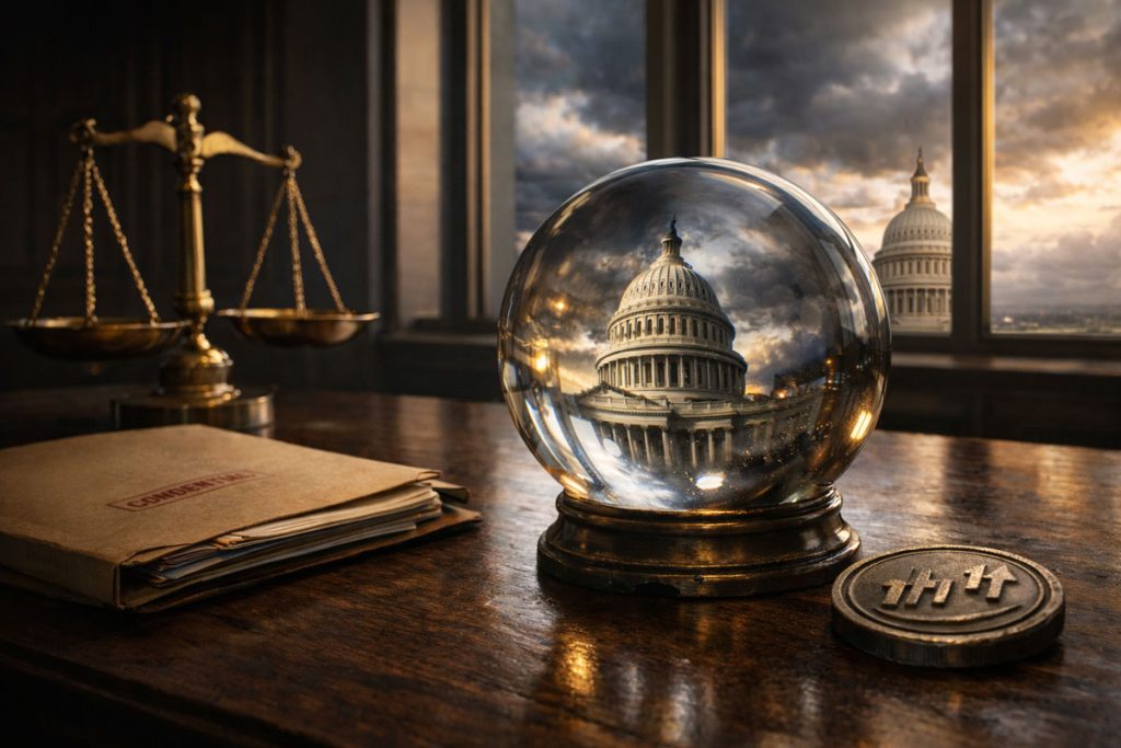 CFTC sues 3 states in bid to redefine crypto prediction markets as federal products US Capitol reflected in a glass sphere on a desk with legal scales and documents, symbolizing the CFTC lawsuit to assert federal control over crypto prediction markets