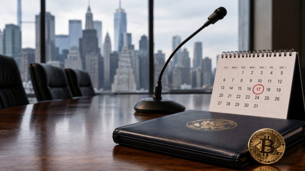 Crypto finally has a CLARITY Act date Conference room with a marked calendar date, government briefing folder, and Bitcoin coin overlooking a city skyline, representing a key crypto policy meeting, hearing, or regulatory deadline.