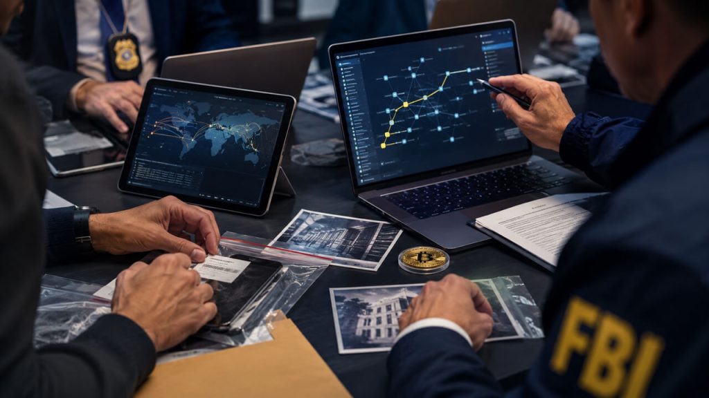 FBI agents analyzing blockchain transaction networks and digital evidence around a Bitcoin case file, reflecting efforts to rebuild a dedicated crypto crime task force after the DOJ dismantled its specialized team.