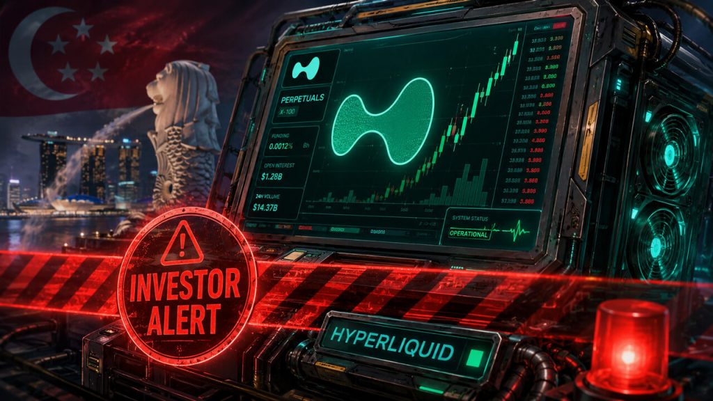 Illustration of a Hyperliquid trading interface with a Singapore warning alert and investor protection graphics.