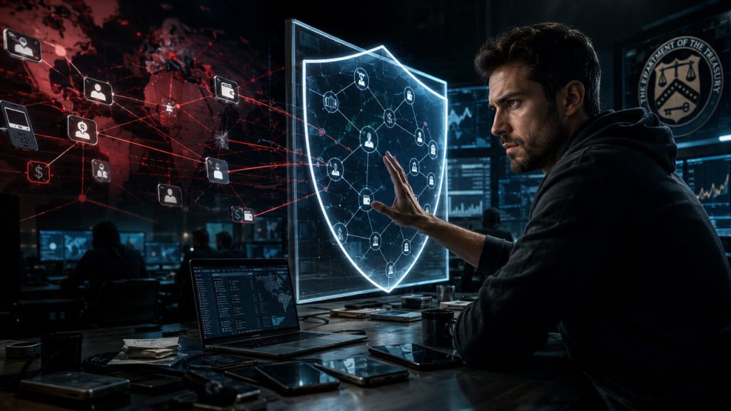 Conference room with a marked calendar date, government briefing folder, and Bitcoin coin overlooking a city skyline, representing a key crypto policy meeting, hearing, or regulatory deadline.