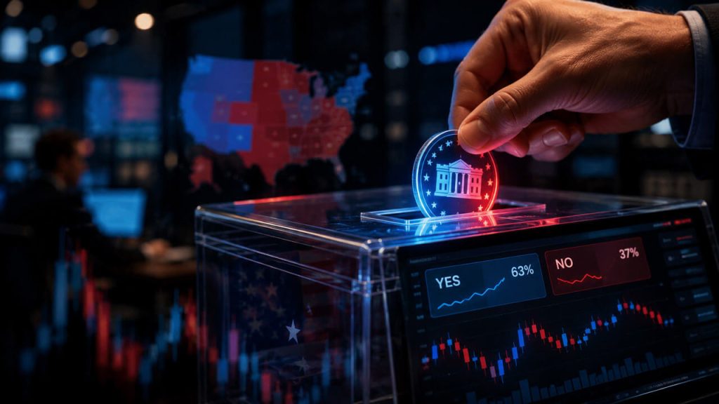 SEC reviews more than 24 ETFs that could bring election betting to brokerage accounts Hand places a glowing election event contract token into a transparent ballot box connected to a brokerage trading screen.