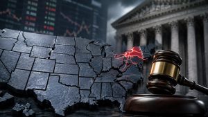 Judge’s gavel beside a fragmented U.S. map with New York glowing red, symbolizing state-level restrictions on prediction market access after Kalshi’s court loss.