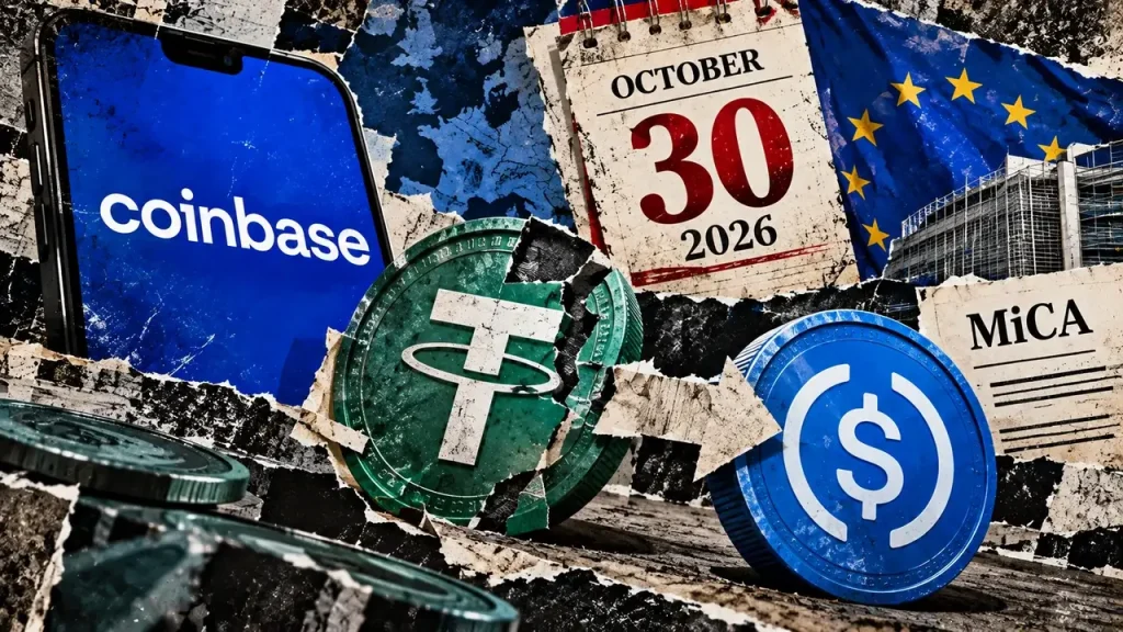 Editorial collage showing a cracked USDT symbol beside USDC, Coinbase branding, and the European stablecoin conversion deadline.