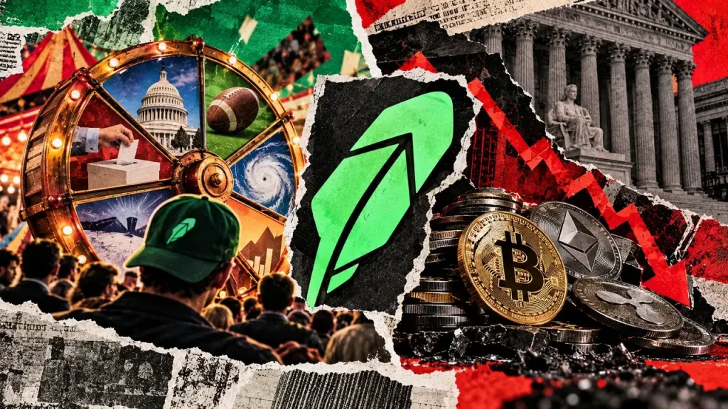 A prediction-market carnival wheel featuring sports, elections and weather stands opposite falling cryptocurrency symbols and a courthouse.
